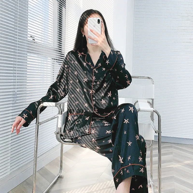 

2pcs 2021 New Women's Long Sleeve Home Dress Spring And Autumn Thin Star Print Casual Comfortable Pajamas Set