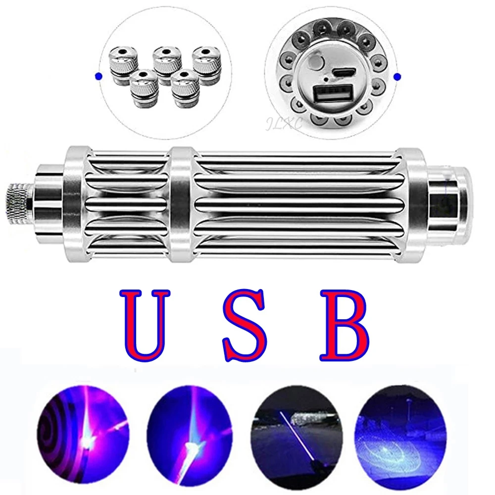 

USB Rechargeable Most Powerful Blue Laser Pointers Built in Battery Laser Torch 450nm 5000m Focusable Flashlight With 5 Star Cap