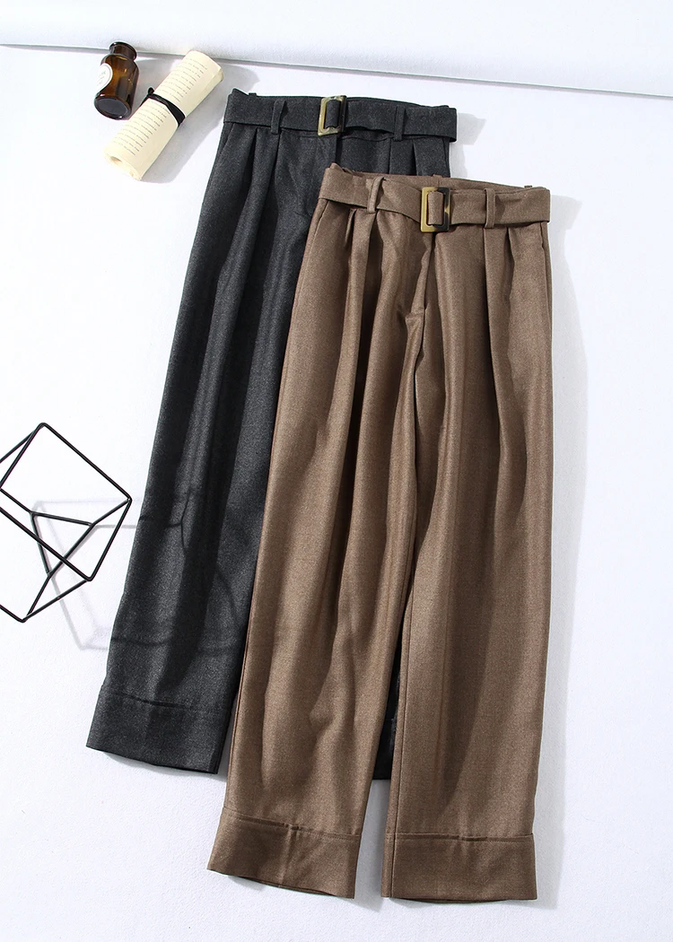 

Women Pants Wool Blend Woolen Tapered Pants Solid Color Commuter Buckle Belt Pants Retro Commuter
