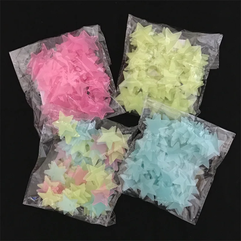 

WOW 100pcs 3D Star and Moon Energy Storage Fluorescent Glow In the dark Luminous Wall Stickers for Kids Room living room Decal