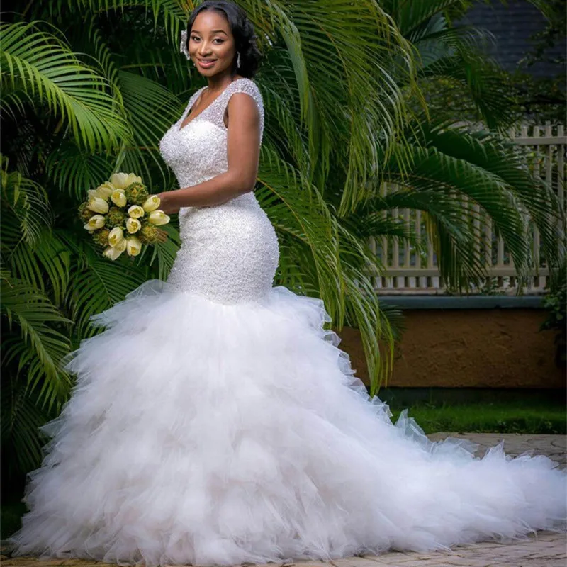 

2019 New Arrival Africa Design Amazing Full Handwork Beading Mermaid Wedding Dress Stunning Ruffles Tiered Wedding Gowns