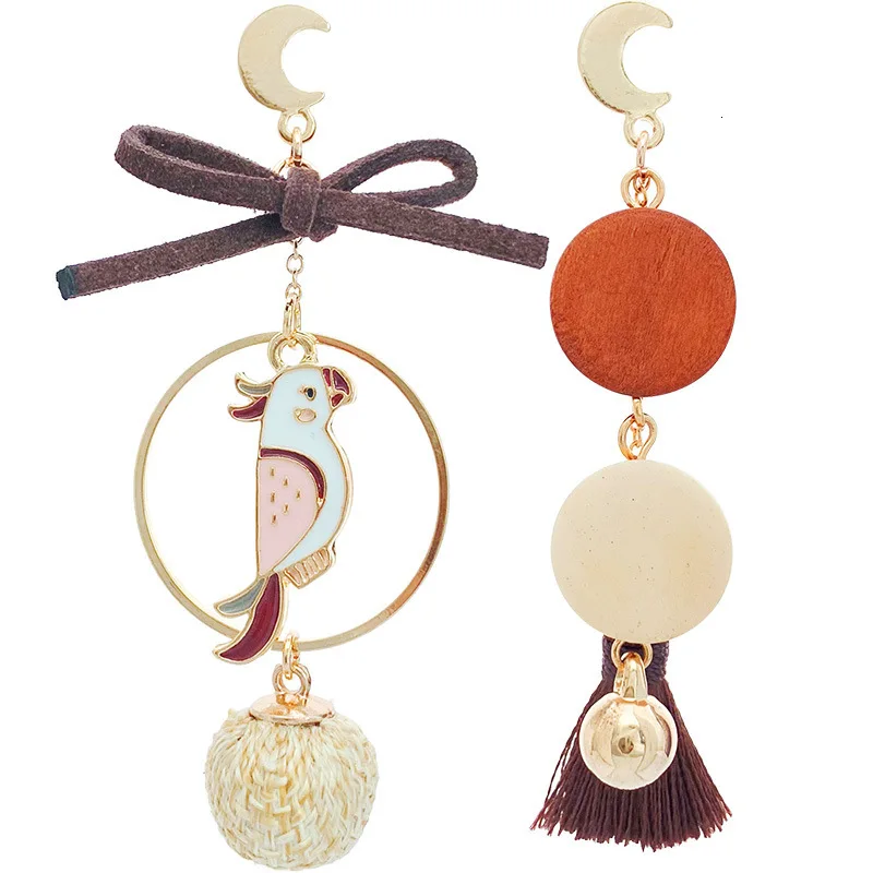 Японский бант птица дерево кисточка ассиметричная длинная без пирсинга клипсы