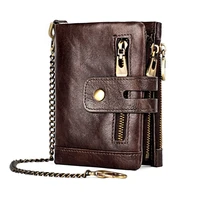 rfid wallets mens 100 genuine leather purse casual cow leather coin purse small mini card holder with safty metal chain