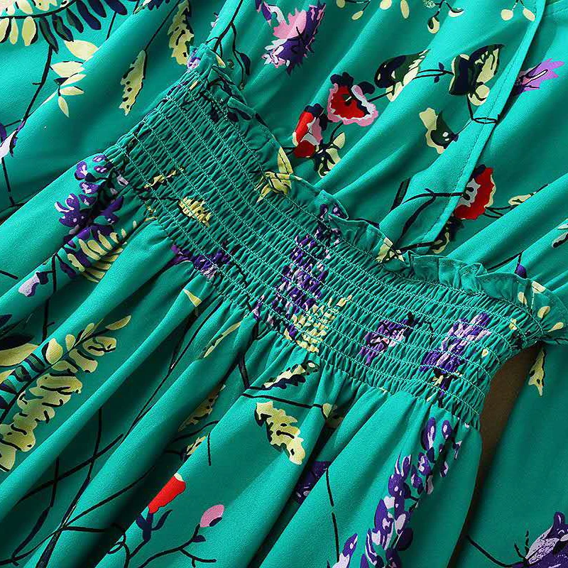 

AELESEEN Ruway Fashion Women Autumn Dress Long Sleeve V-Neck Floral Print Waist Elastic Irregular Party Holiday Dress Vestidos