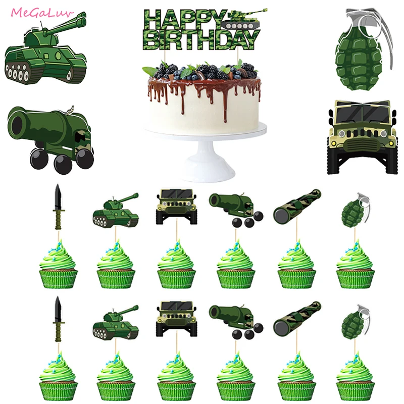 

Camouflage Theme Ddecoration For Baby Boy kids Happy Birthday Cake Topper Tank ailplane Cupcake Flag Military theme DIY Supplies