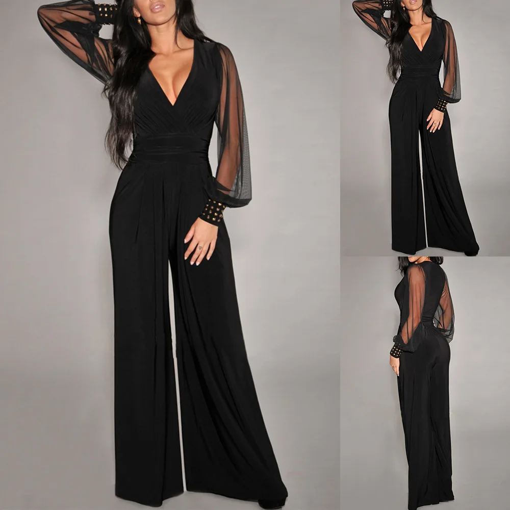 

Lugentolo Black Jumpsuits Women V-neck Mesh Stitching Rivet Straight-leg Jumpsuit Spring Fashion New Romper