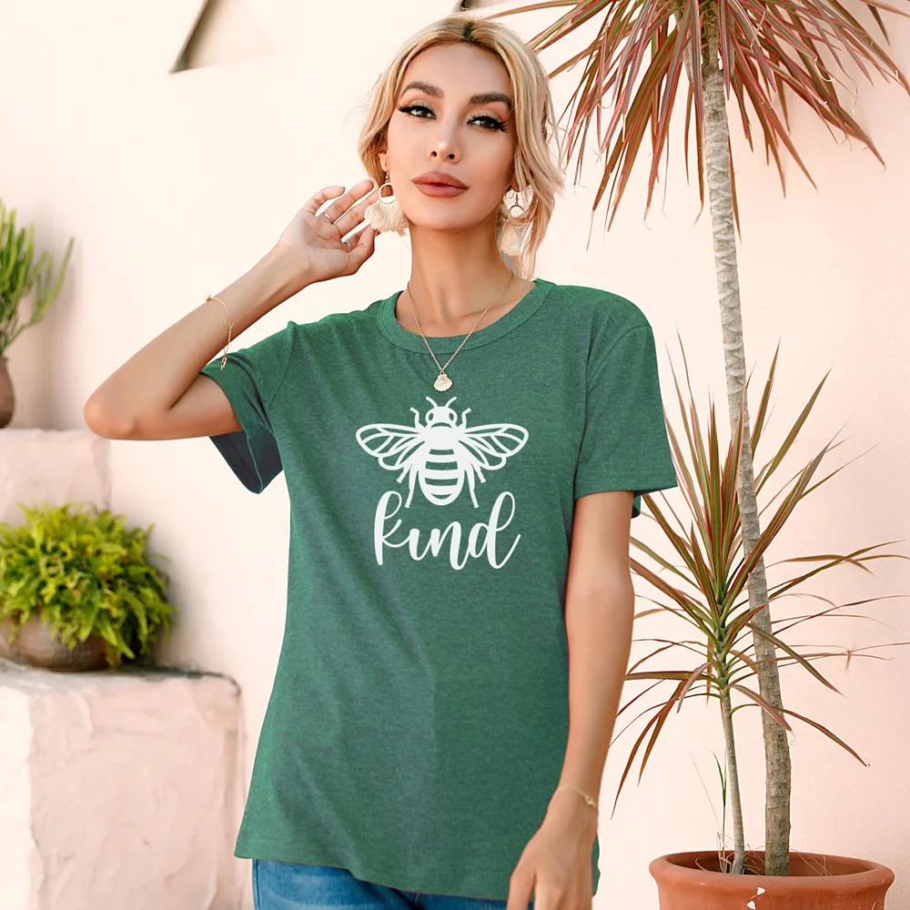 

Kind Letter Print Funny Bee Printing Women ShirtsTrend Clothes Casual Fashion Lady Colored Cotton Korean Style Short Sleeve