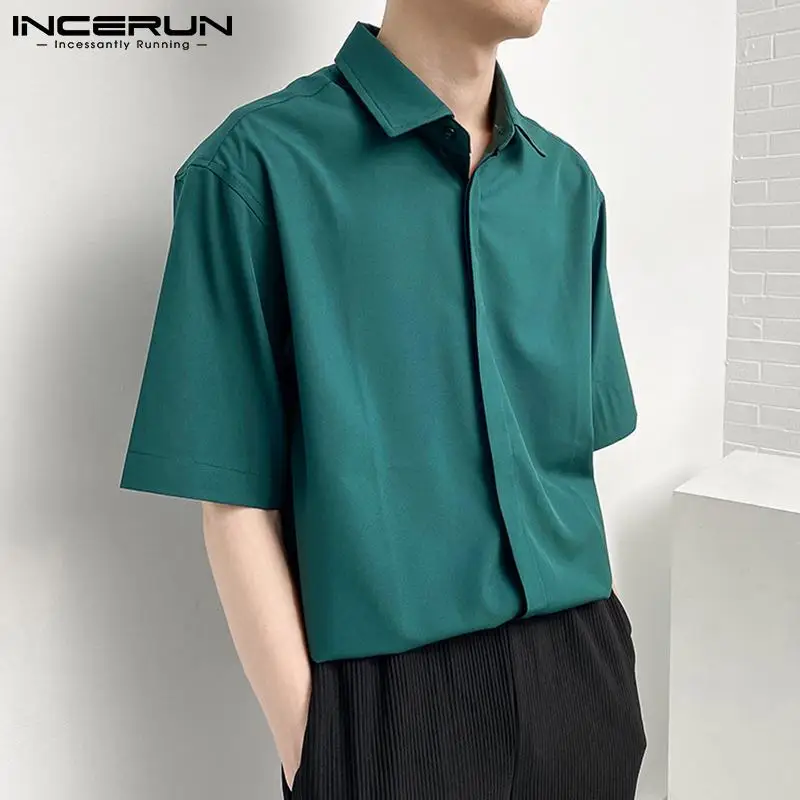 

INCERUN Solid Color Men Basic Shirt Turn Down Collar Short Sleeve Button Casual Tops Streetwear Fashion Camisa Masculina 2021