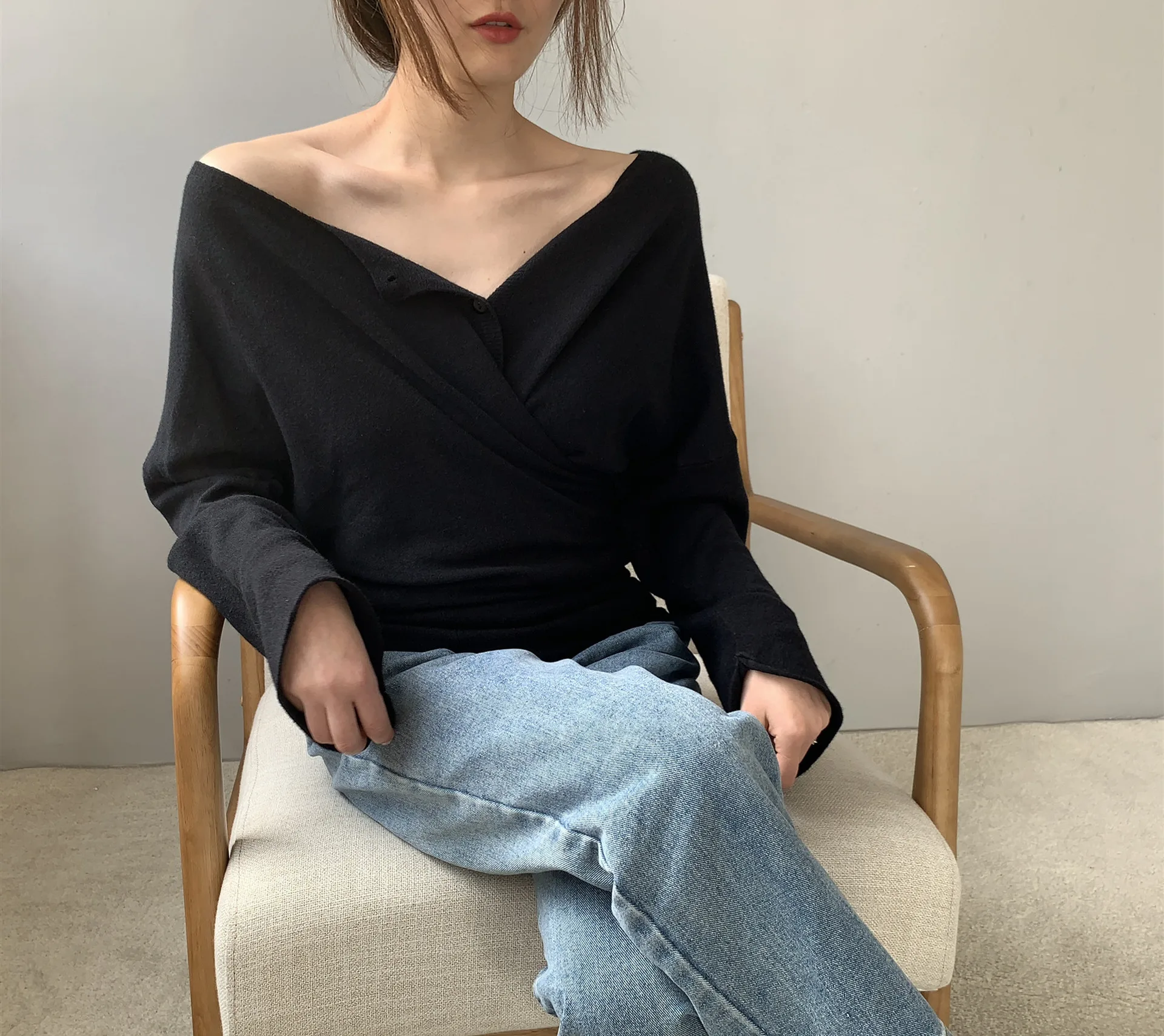 Весенний женский сексуальный трикотажный Свободный кардиган с квадратным