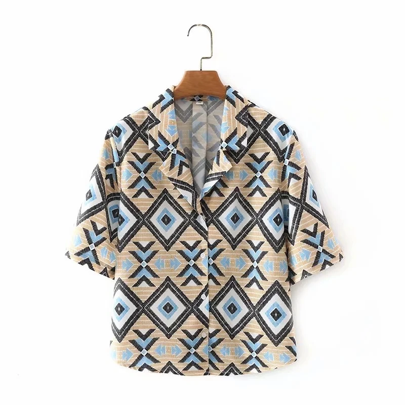 

MosiMolly Rhombus Print Blouses Shirt Tops Women Notched Collar Button Blouses Female Blusas 2021 Summer