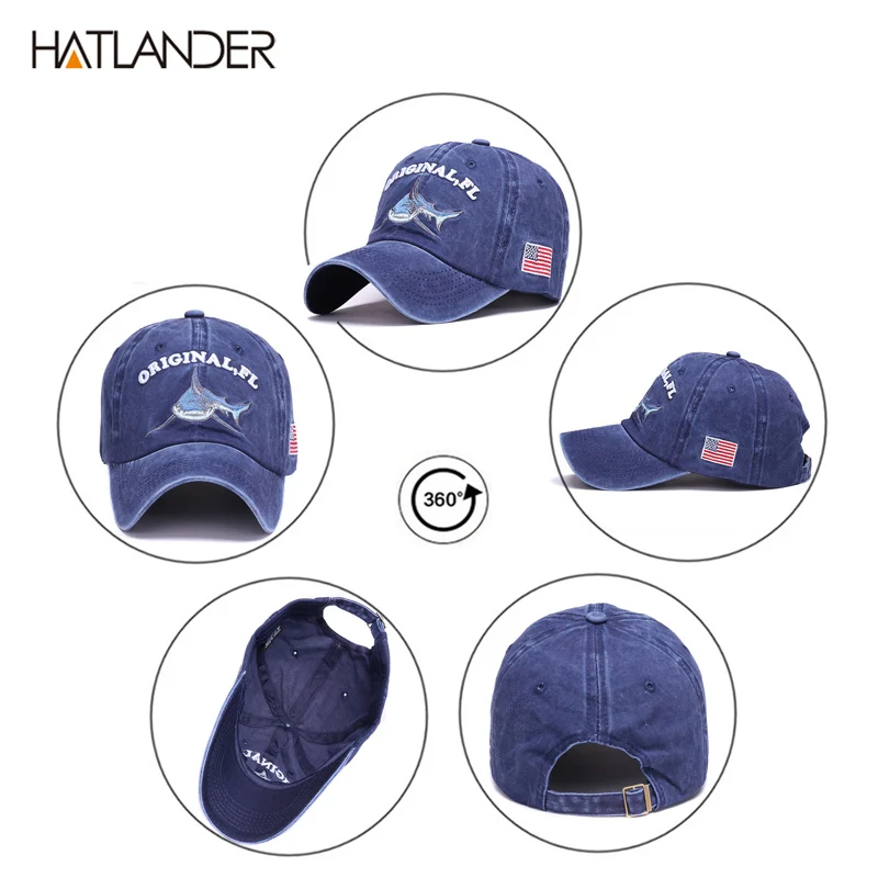HATLANDER Модная хлопковая бейсбольная Кепка с вышивкой Акула мужская шляпа винтажная Спортивная шляпа Открытый gorras регулируемая хип-хоп кепка