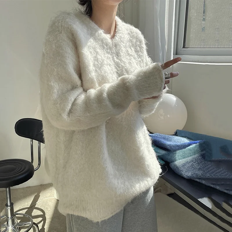 Новинка Женский Флокированный свитер с V-образным вырезом однотонный Модный