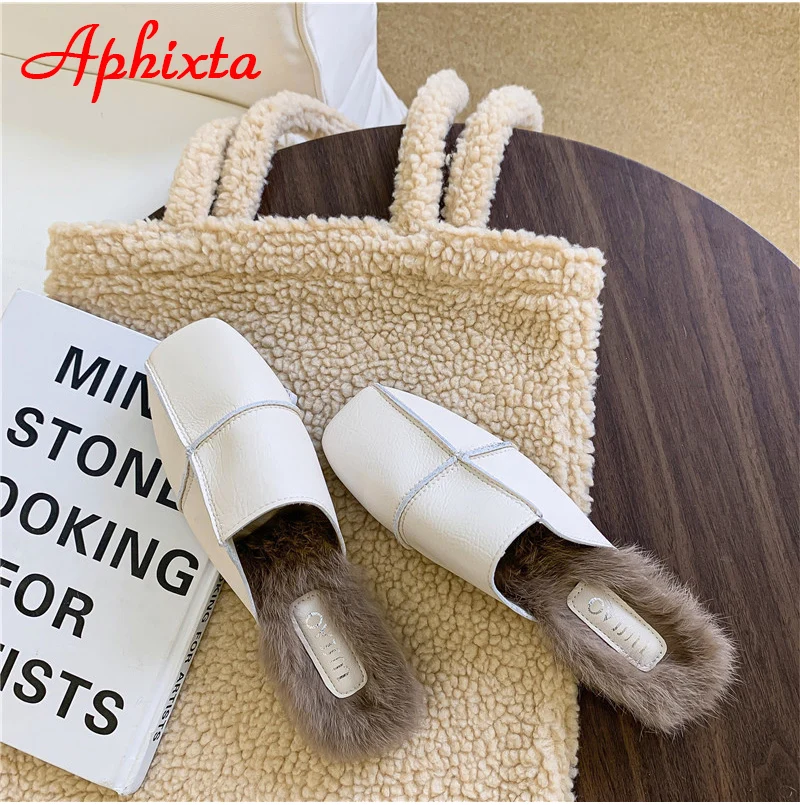 Aphixta/зимние теплые женские шлепанцы с натуральным кроличьим мехом; женские пушистые тапочки; женские шлепанцы на плоской подошве с квадратным носком