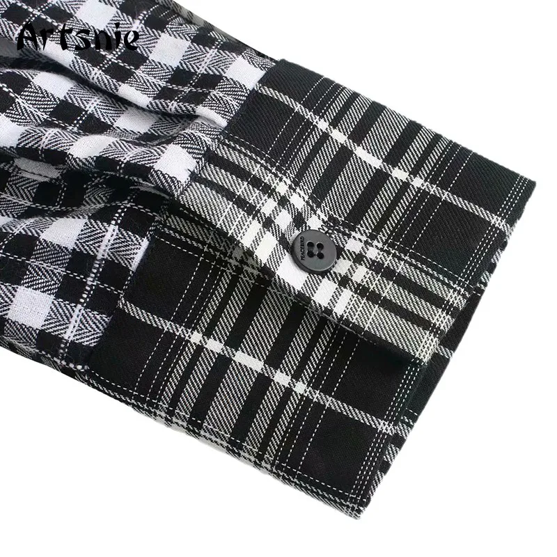 

Artsnie vintage plaid women shirt autumn 2020 turn down collar long sleeve blouse tops female lace up sweet blouses blusas femme
