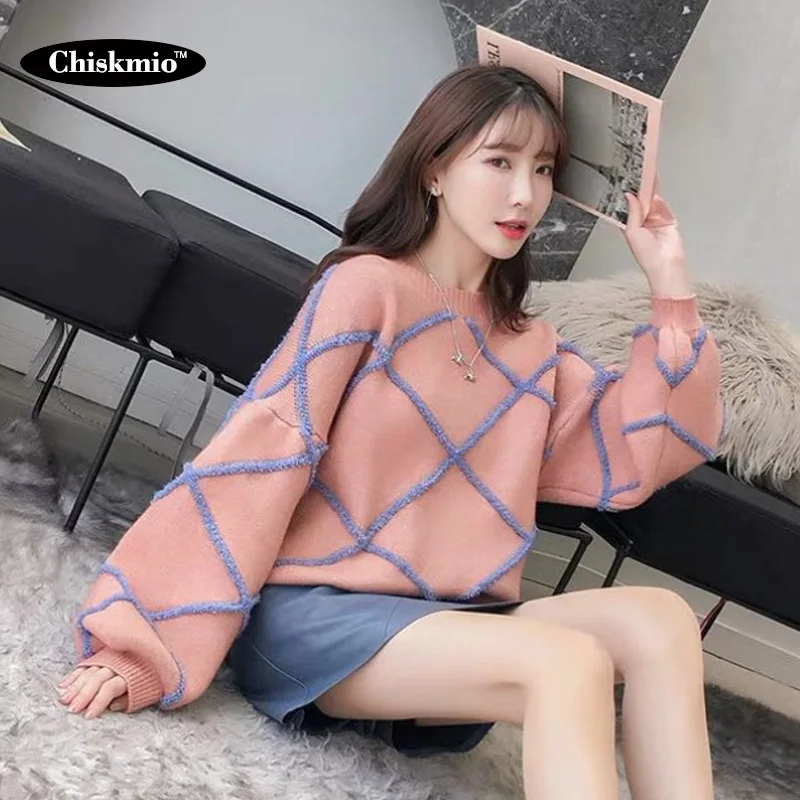 

Sweet Style Pink Sweater Women's Argyle Thick Twist Pullover Autumn Winter Korean O-Neck Knit Tops Ladies New Plus Size Knitwear
