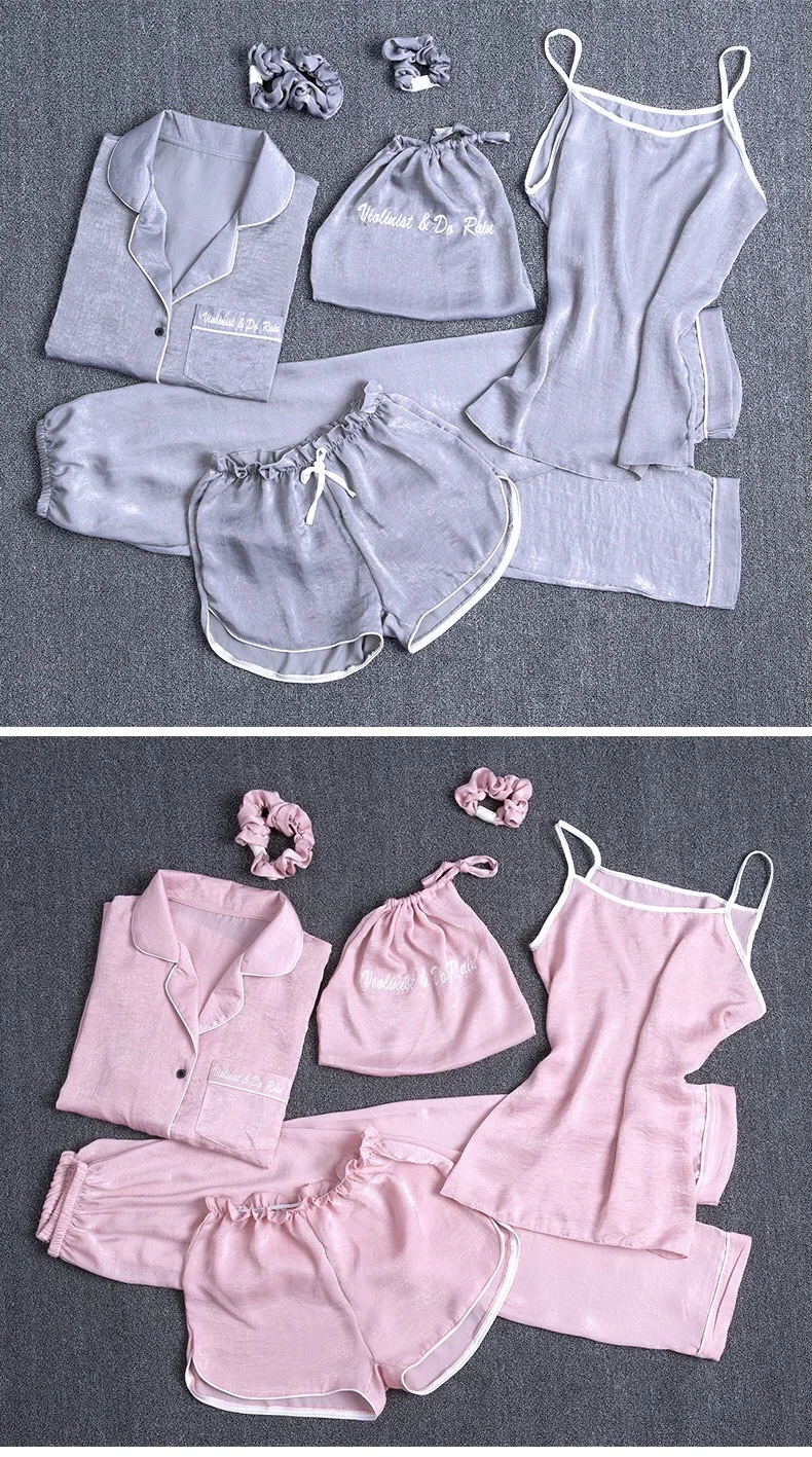 

7 Pieces Pajamas Sets For Women Satin Cotton Pajamas Sleepwear Lovely Home Clothing Spring Long And Short Striped Pijama