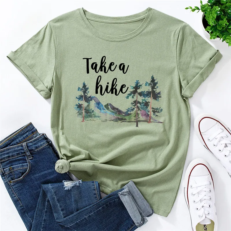 

S-5XL Summer Plus Size Women TShirt New Mountain Printed Shirt O Neck Short Sleeve Tshirts 100%Cotton Tees Casual Women T-shirt