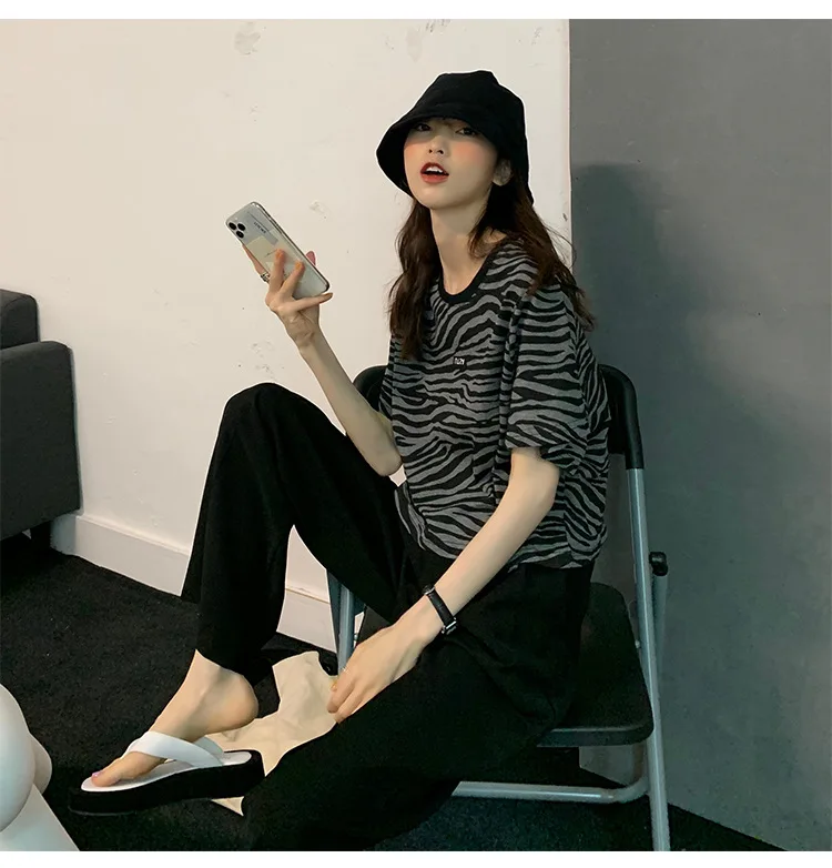 

Summer New Korean Style All-match Leopard Print Short Sleeve Contrast Color Slimming Short T-shirt Cotton Casual O-Neck Kawaii