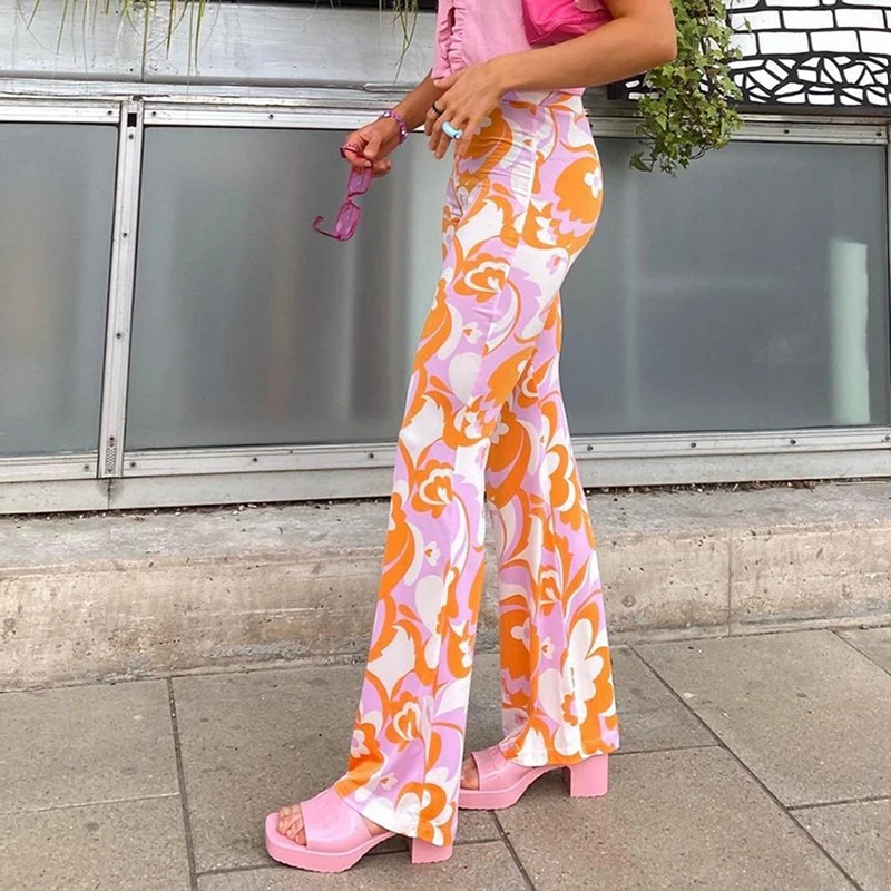 

Women'S Flared Pants Full Floral Print High Waist And Ankle Trousers Spring And Autumn Casual Fashion High Street Personality