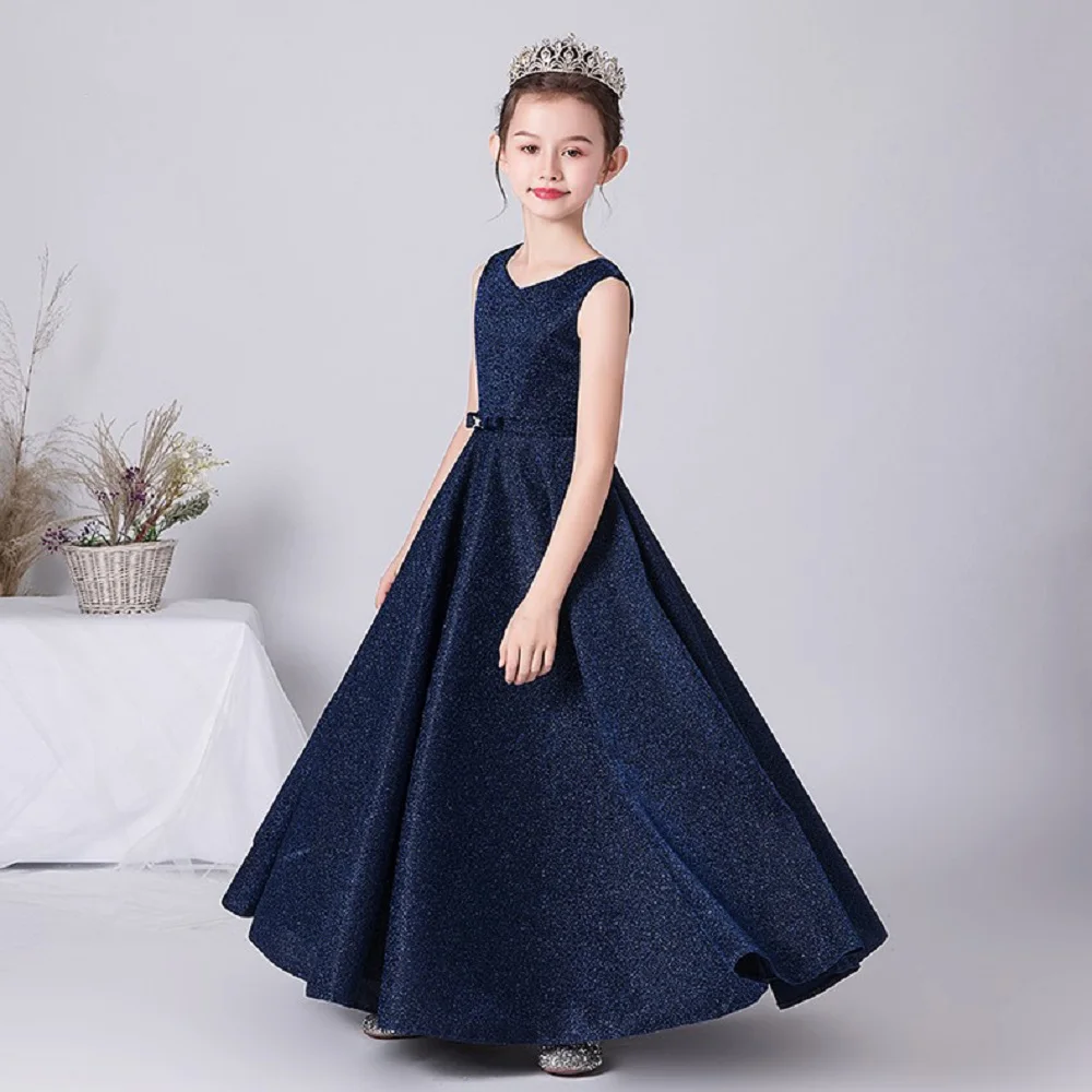 

O-Neck Bow Stain Formal Gowns Birthday Party Dress For Kids Floor-Length Flower Girl Dresses For Wedding