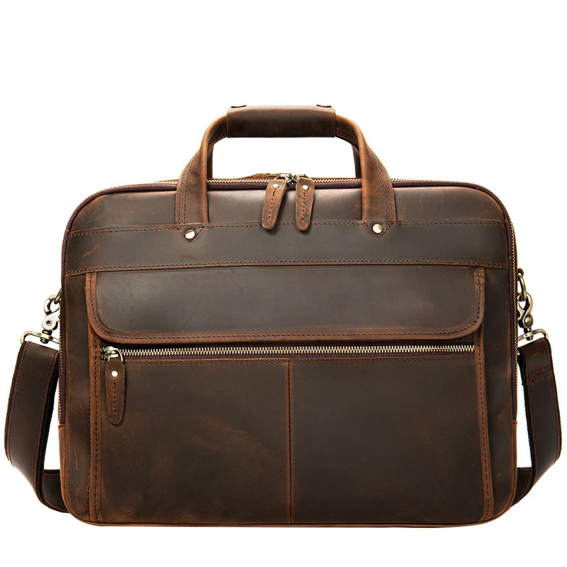 Vintage Crazy Horse Genuine Leather Men Briefcase For 15 Inch Laptop Purse Male Shoulder Crossbody Bag Office Business Handbag