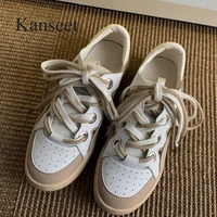 kanseet flat shoes women sneakers 2021 spring autumn lace up round toe genuine leather casual shoes beige apricot ladies flat 40