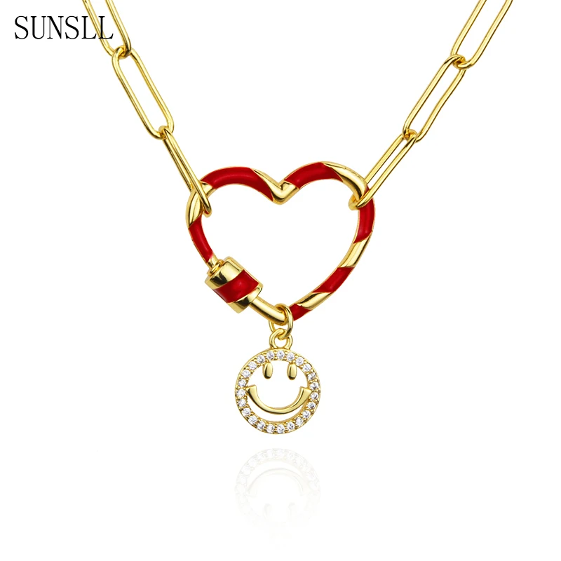 

SUNSLL новый дизайн Золотое кольцо с винтом полосатая любовь с Цирконом ожерелье со смайликом толстая цепь хип-хоп Модная бижутерия подарок