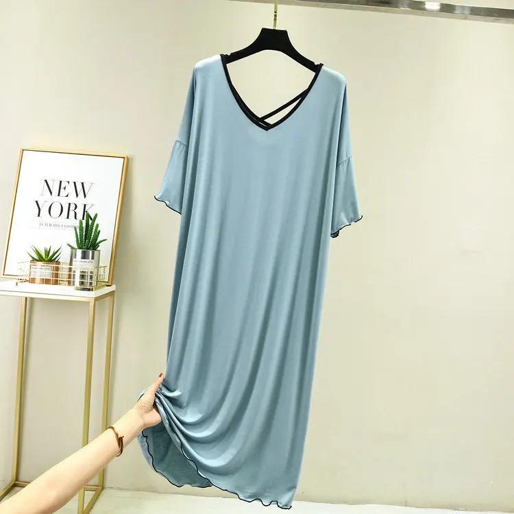 

Fashion Middle Long Dress Women Summer Nightshirt Loose Sexy Backless Nightdress V Neck Casual Home Clothes Female Sleepshirt