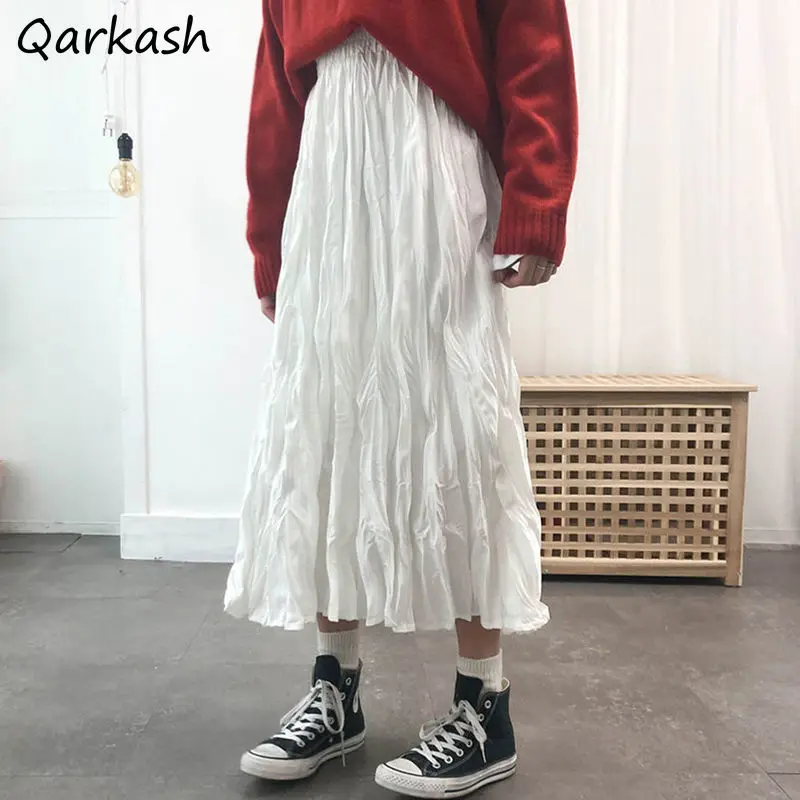 

Skirts Women Folds Design Fashionable Solid Girls Daily All-match Mid-calf College Sweet Elastic Waist A-line Fairy Clothing Ins