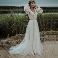 long sleeves beach wedding dress sheer lace applique deep v neck elegance a line court train high slit backless bridal gowns