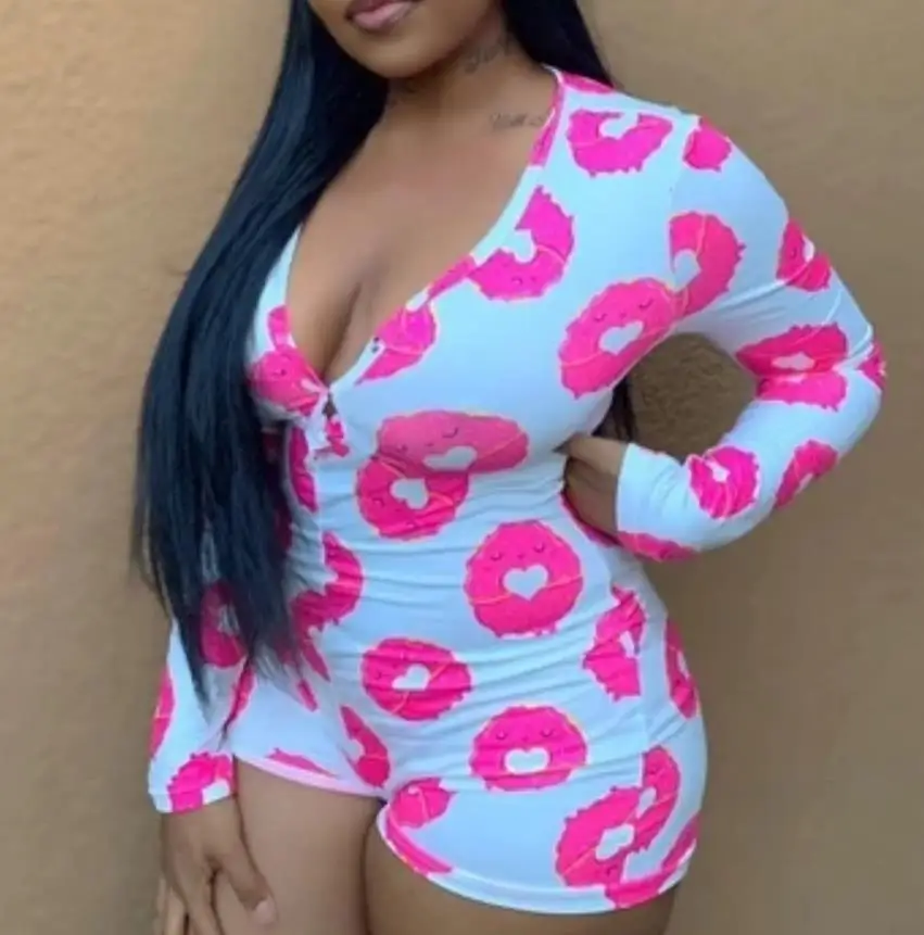 Женская пижама с принтом мороженого длинным рукавом и V-образным вырезом |