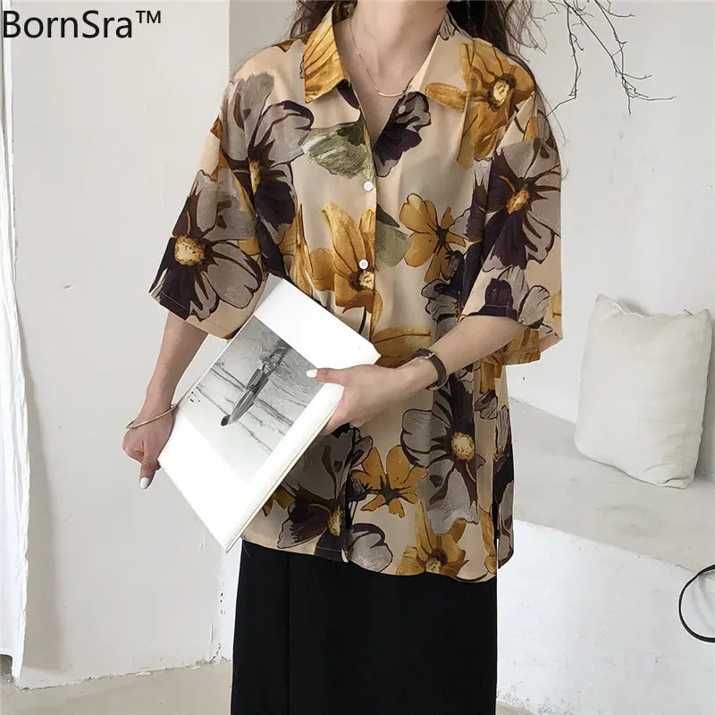 

Bornsra 2020 Retro Florals All Match Elegance Sweet Print Tops Shirt Gentle Vintage Sweet Women's Chic Short Sleeves Blouses