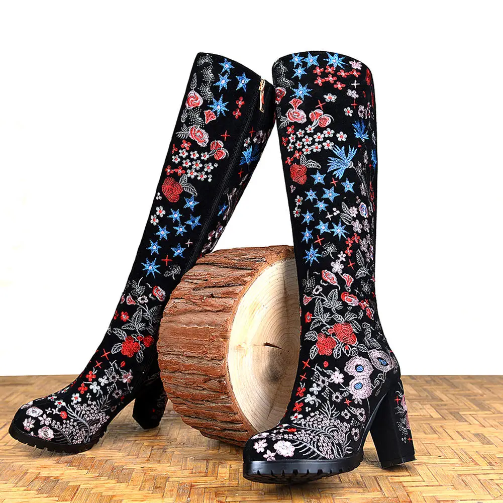 

Sarairis New Fashion 2020 National Style Cool Embroidered Long Boots Woman Shoes Zip Chunky High Heels Platform Knee High Boots