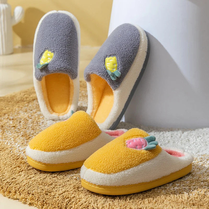 

Fashion Winter Warm Slippers Women Korean Patchwork Cute Carrot Home Slides PVC Non-Slip Sole Indoor Autumn Soft Plush Shoes
