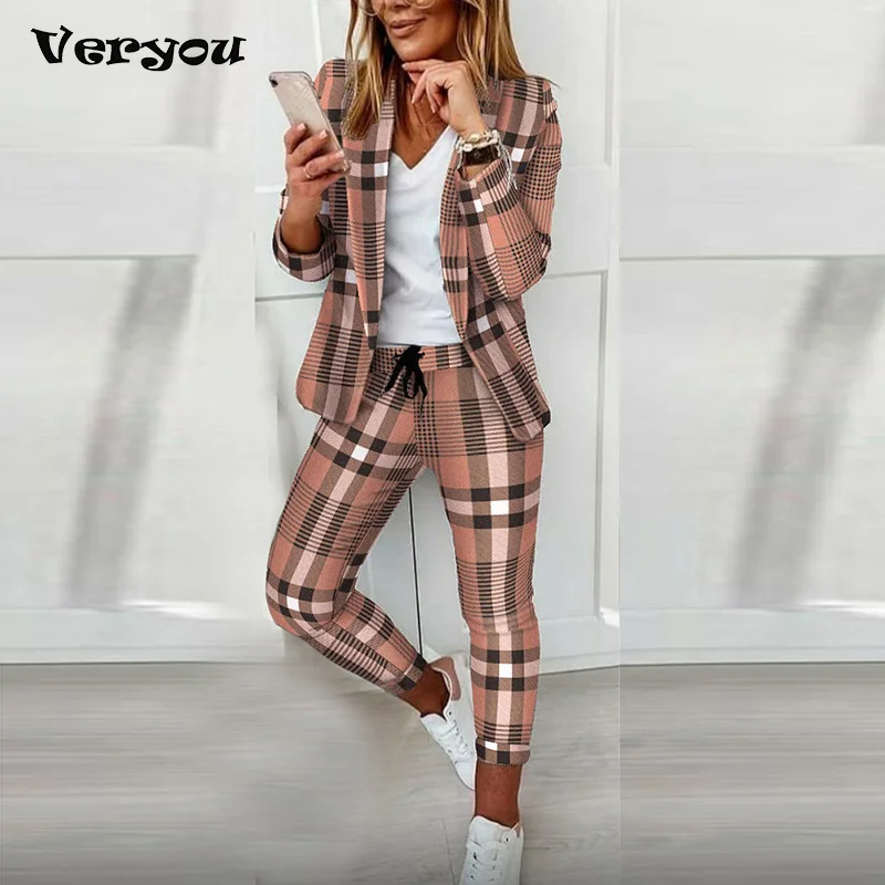2022 Femme Formal Jacket & Trousers Office Lady Outfits Autumn Women two Pieces set Chain Print Blazer Coat & Pants Suit Sets