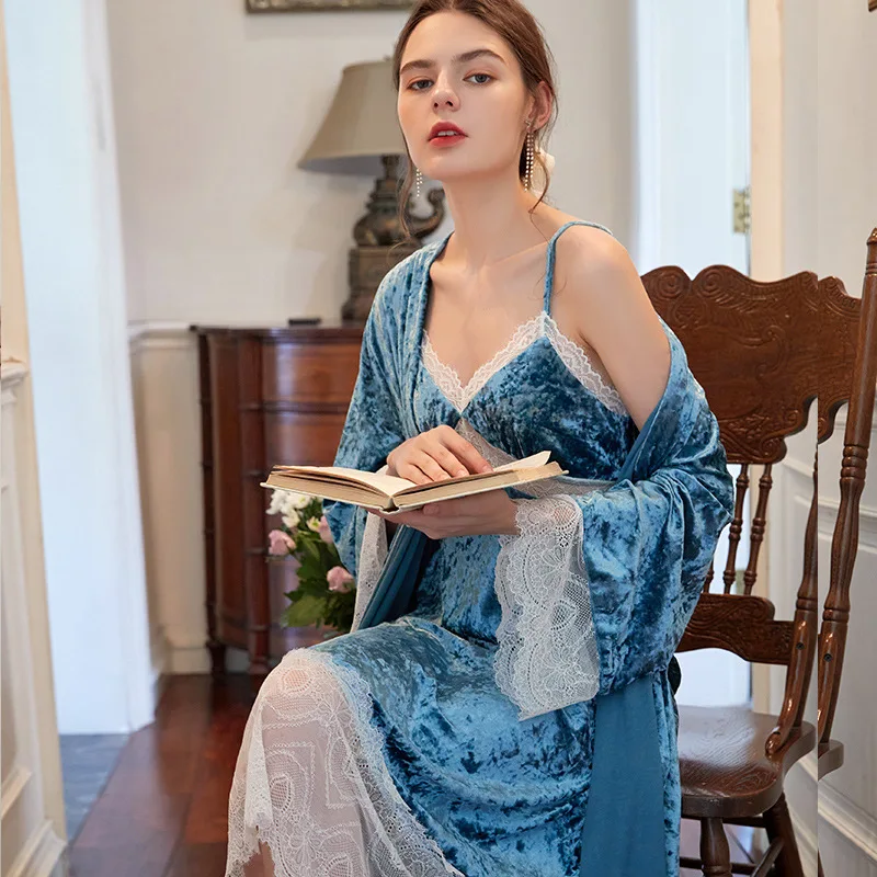

new autumn winter nightgown nightdress two-piece pajama suit,velvet pajamas home service suit, sexy lace nightdress,Nightgown