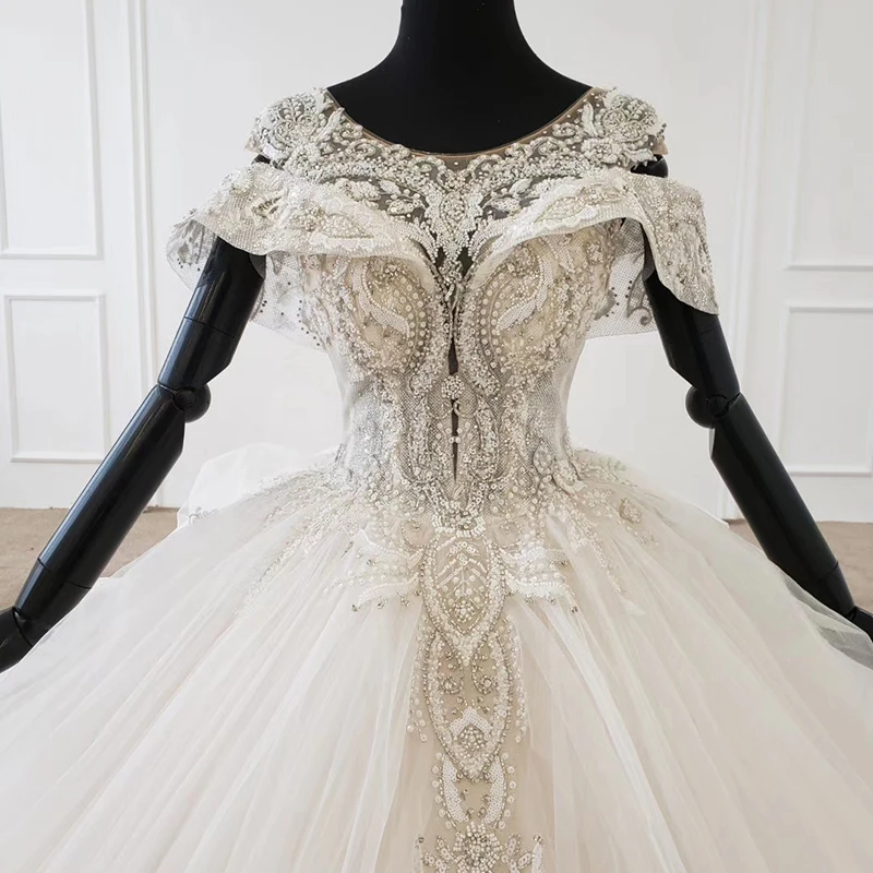 HTL1144 ball gown wedding dress boho boho plus size o-neck lace up back corset bridal dress cap sleeve bead платье свадебное