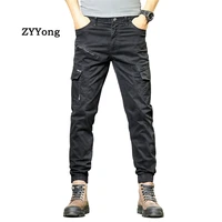 high street mens cargo pants cotton fashion military style multi pockets beam feet casual trousers elasticity freight overalls
