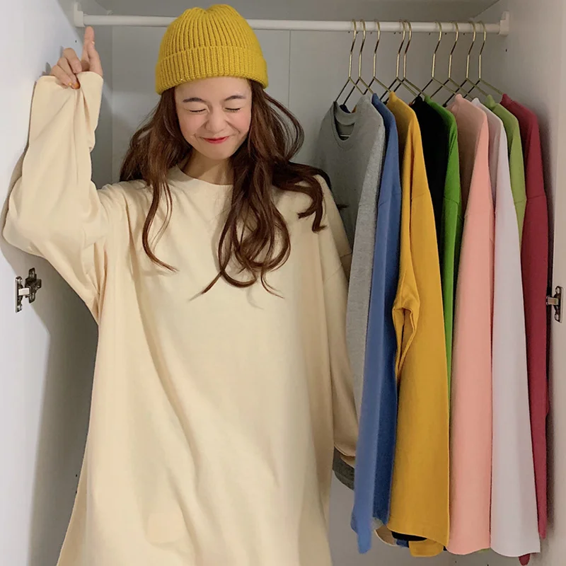 

Oversize T Shirt Cotton Long Sleeve T-Shirt Women's Korean Loose Top With Solid Color Inside, Versatile Thin Bottomed