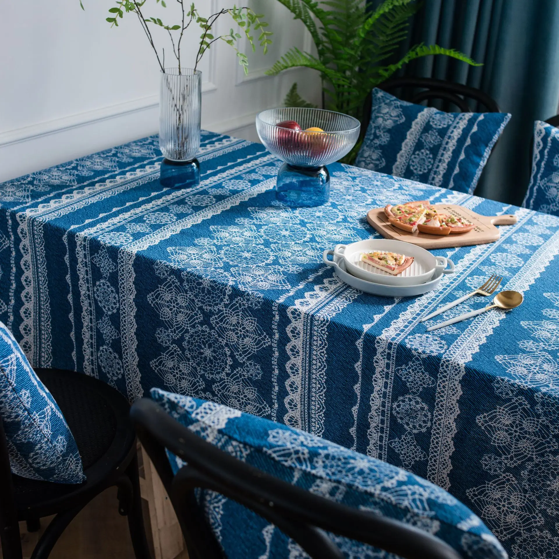 Ретро синий кружево печатных хлопок лен льняная скатерть Европа прямоугольник