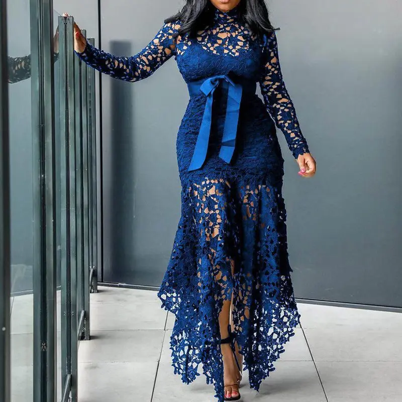 Vintage Party Sexy Black Lace Long Dress Plus Big Size Large M-XXXL 4XL Women Mesh Hollow Bodycon Blue African Maxi Ladies | Женская