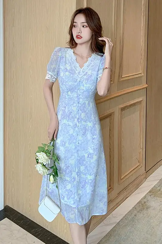 

COIGARSAM Patchwork Women Long dress New Summer Floral Print Lace V-Neck Dresses 6855