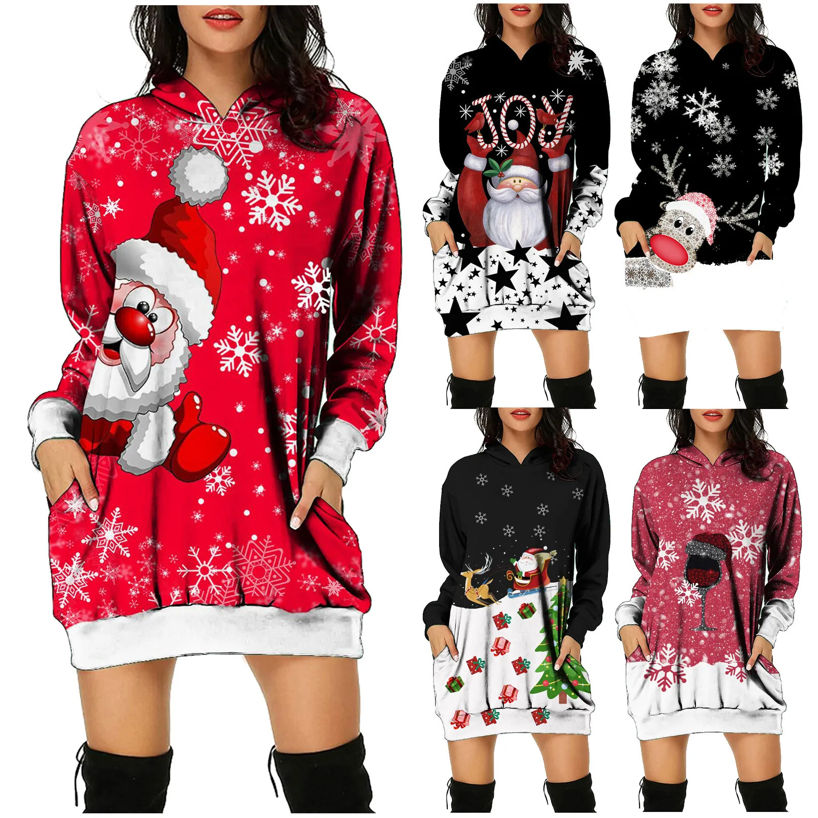 

Christmas Dress Women Fashion Christmas Hoodie Bag Hip Pocket Print Fashion Casual Dress Vestidos Invierno 2021 Mujer платье