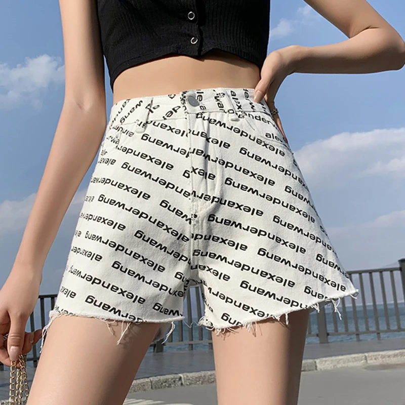 

Summer New Women Korean Version Of Washed Denim Shorts Letter Printing Fashion High-Waisted Thin Wide-Legs And Frayed Hot Pants