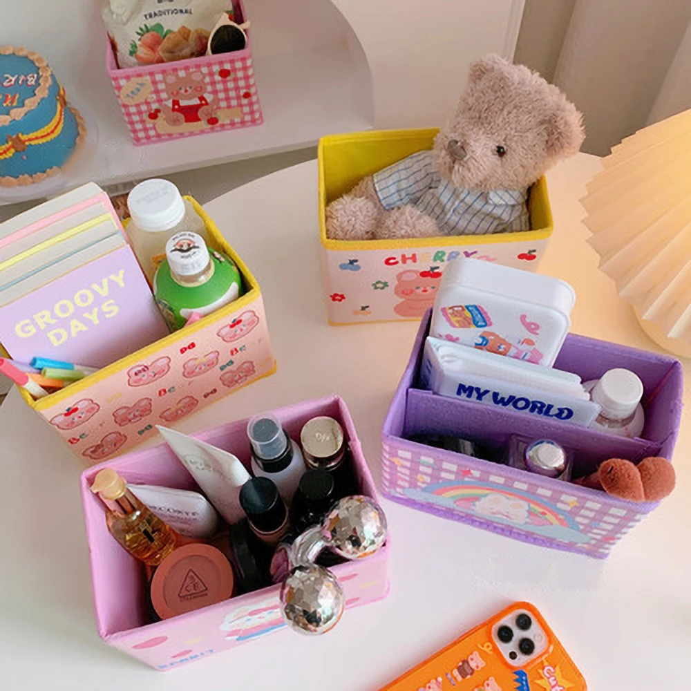

2Pcs New Leather Cartoon Desktop Square Storage Box Foldable Household Debris Sorting Dormitory Office Cosmetic Storage Box