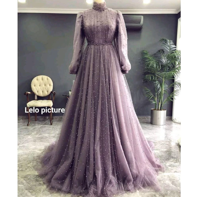 Vestido de noite elegante de lilac a lima, vestido formal de manga longa com gola alta, roupão de trem, caftan abaya dubai (0)