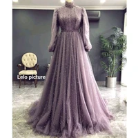 elegant lilac a lime evening dresses beads high neck long sleeve formal gown sweep train robes de caftan abaya dubai