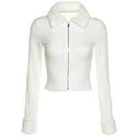 autumn winter zipper womens knited cardigan pit striped solid color short navel fleece collar long sleeve dropshipping