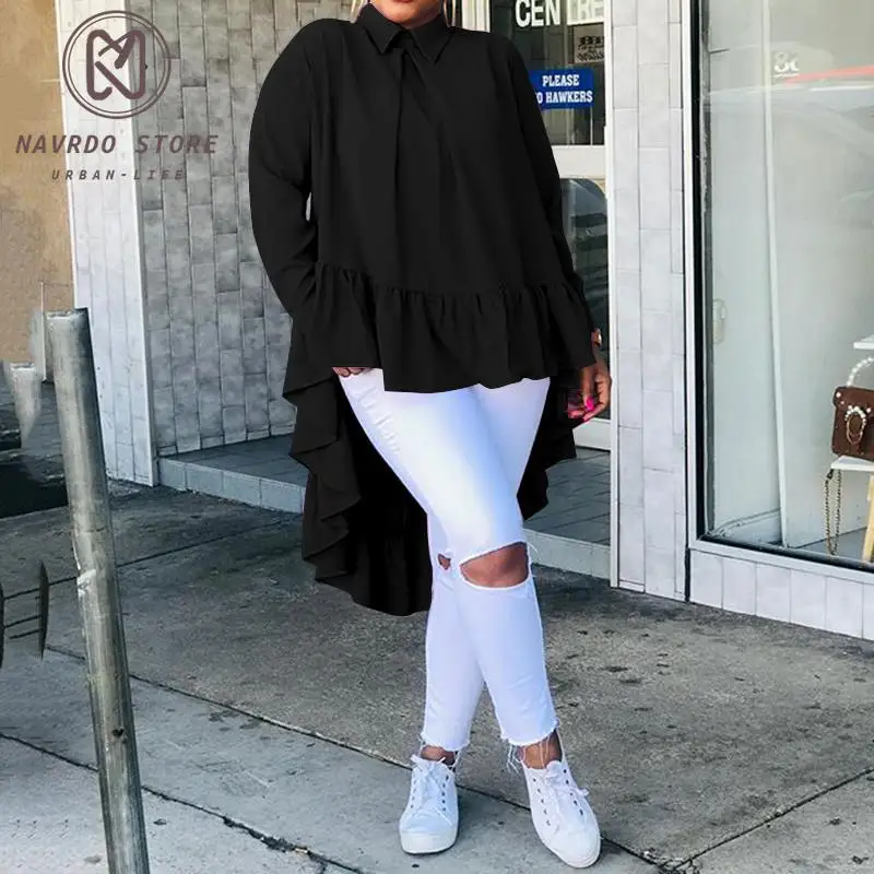 

Women Asymmetrical Tops 2021 Fashion Solid Back Buttons Ruffles Shirts Long Sleeve Lapel Casual Blouses Ladies Blusas 5XL