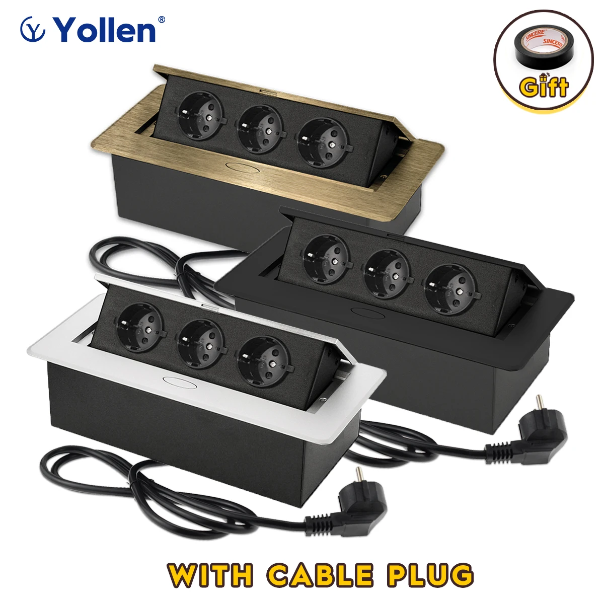 

With Cable plug EUR Hidden Type Table Desk Socket 3 Socket USB Aluminum Panel office kitchen cabinet desktop Metal Cover 3 color